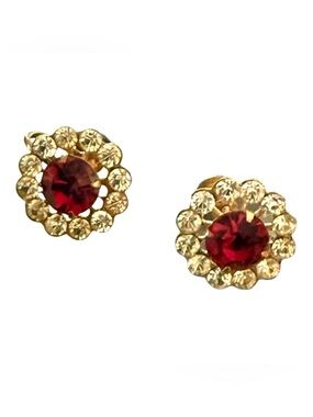 1950’s  Rhinestone Screw‎ Back Earrings in Clear & Red, .6”, Mid Century Jewelry